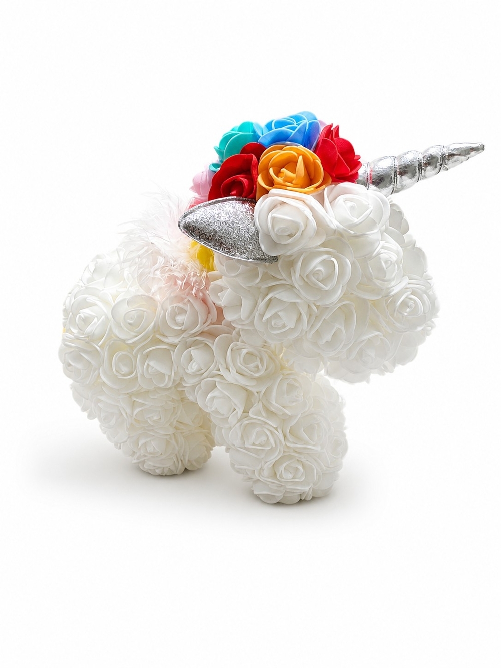 White Rose Unicorn Plush with Rainbow Mane